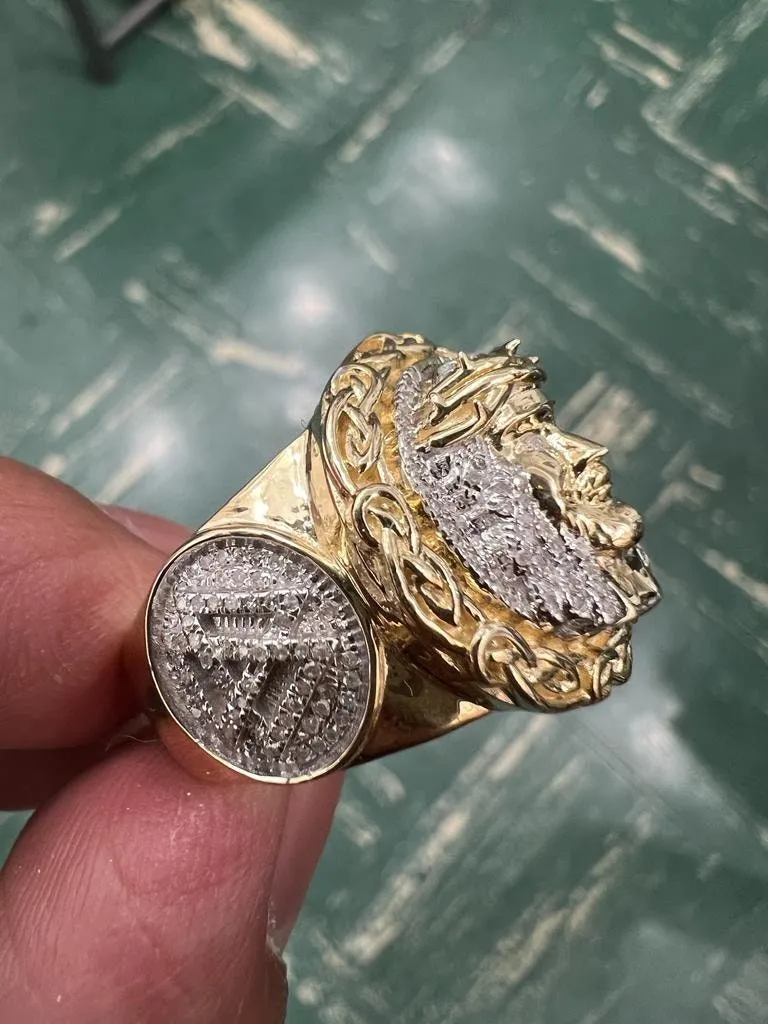10k Solid Yellow Gold Diamond Jesus Head Face Men's Rings, Religious Faith Inspiration Jesus Mens Diamond Ring 0.40 ct 11.51 Grams Size 10