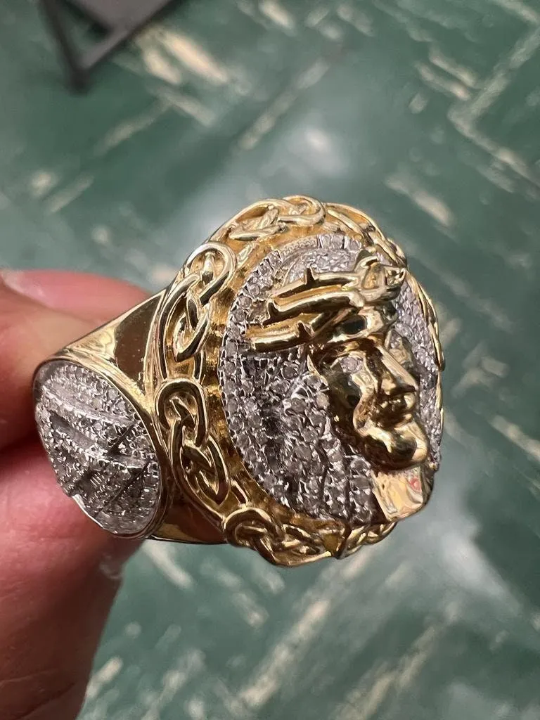 10k Solid Yellow Gold Diamond Jesus Head Face Men's Rings, Religious Faith Inspiration Jesus Mens Diamond Ring 0.40 ct 11.51 Grams Size 10