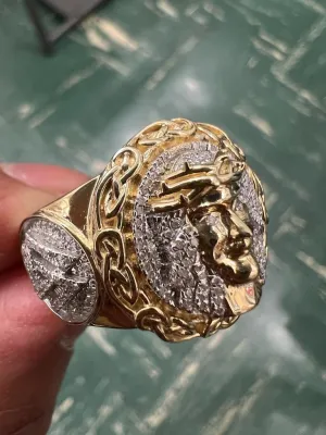 10k Solid Yellow Gold Diamond Jesus Head Face Men's Rings, Religious Faith Inspiration Jesus Mens Diamond Ring 0.40 ct 11.51 Grams Size 10