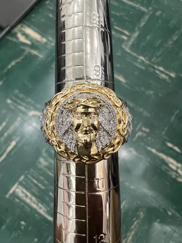 10k Solid Yellow Gold Diamond Jesus Head Face Men's Rings, Religious Faith Inspiration Jesus Mens Diamond Ring 0.40 ct 11.51 Grams Size 10