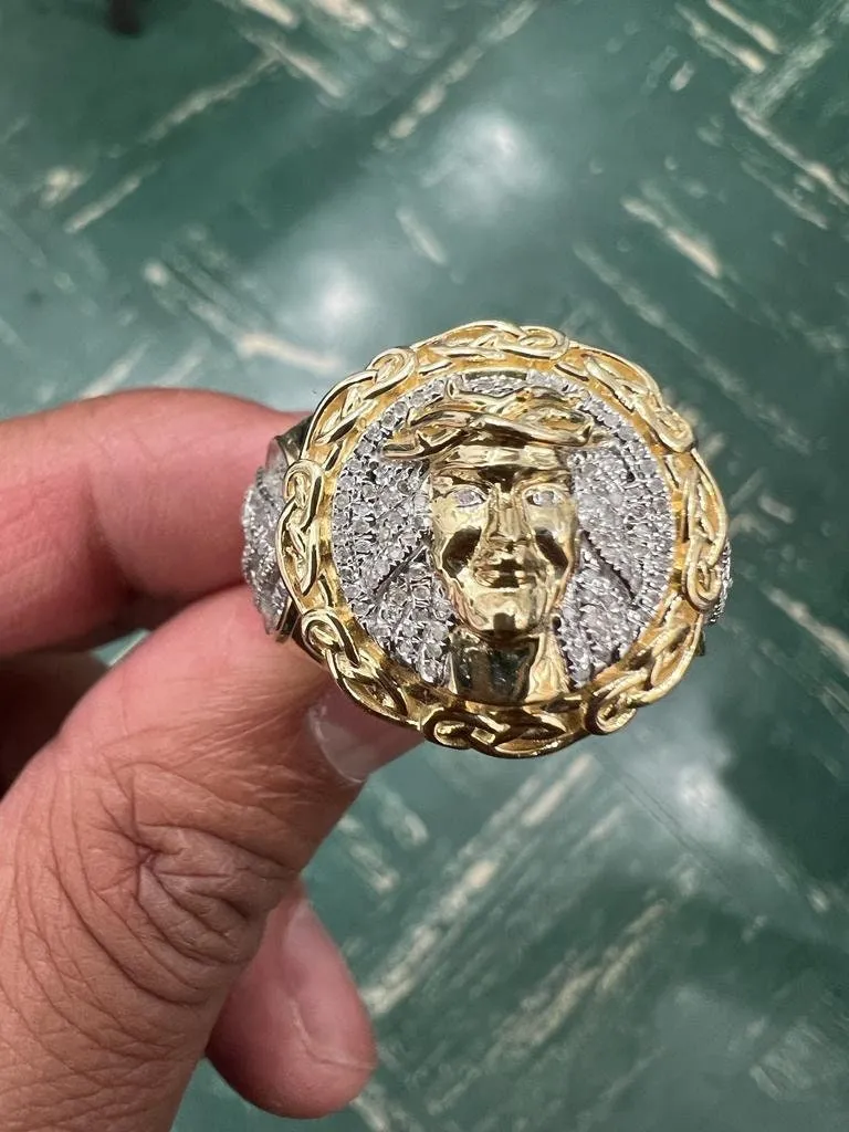 10k Solid Yellow Gold Diamond Jesus Head Face Men's Rings, Religious Faith Inspiration Jesus Mens Diamond Ring 0.40 ct 11.51 Grams Size 10