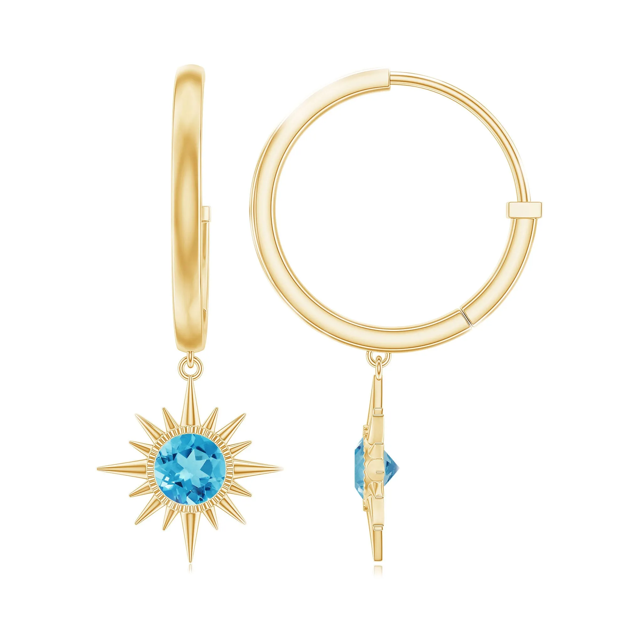 1/2 CT Milgrain Bezel Set Swiss Blue Topaz Sunburst Drop Hoop Earrings