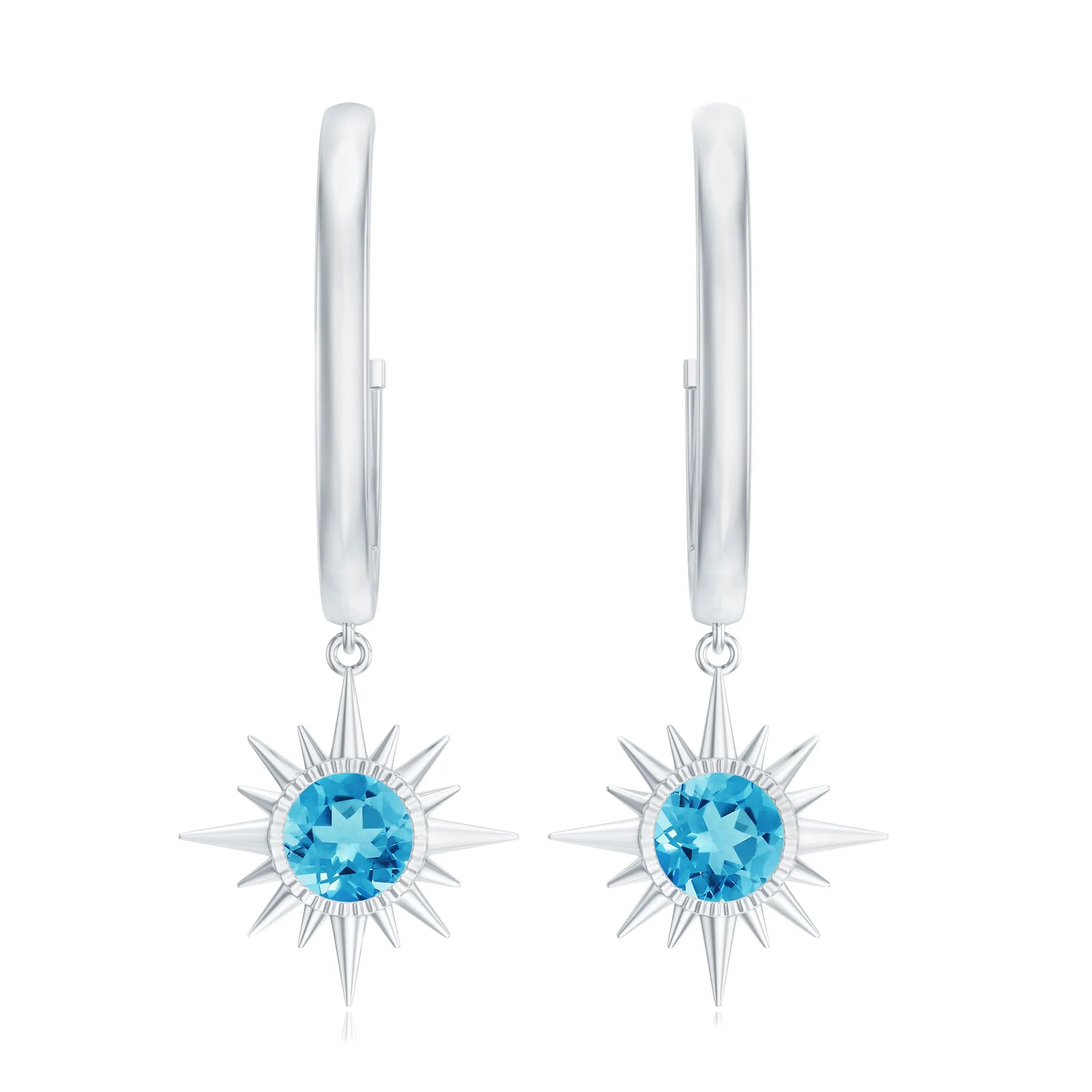 1/2 CT Milgrain Bezel Set Swiss Blue Topaz Sunburst Drop Hoop Earrings