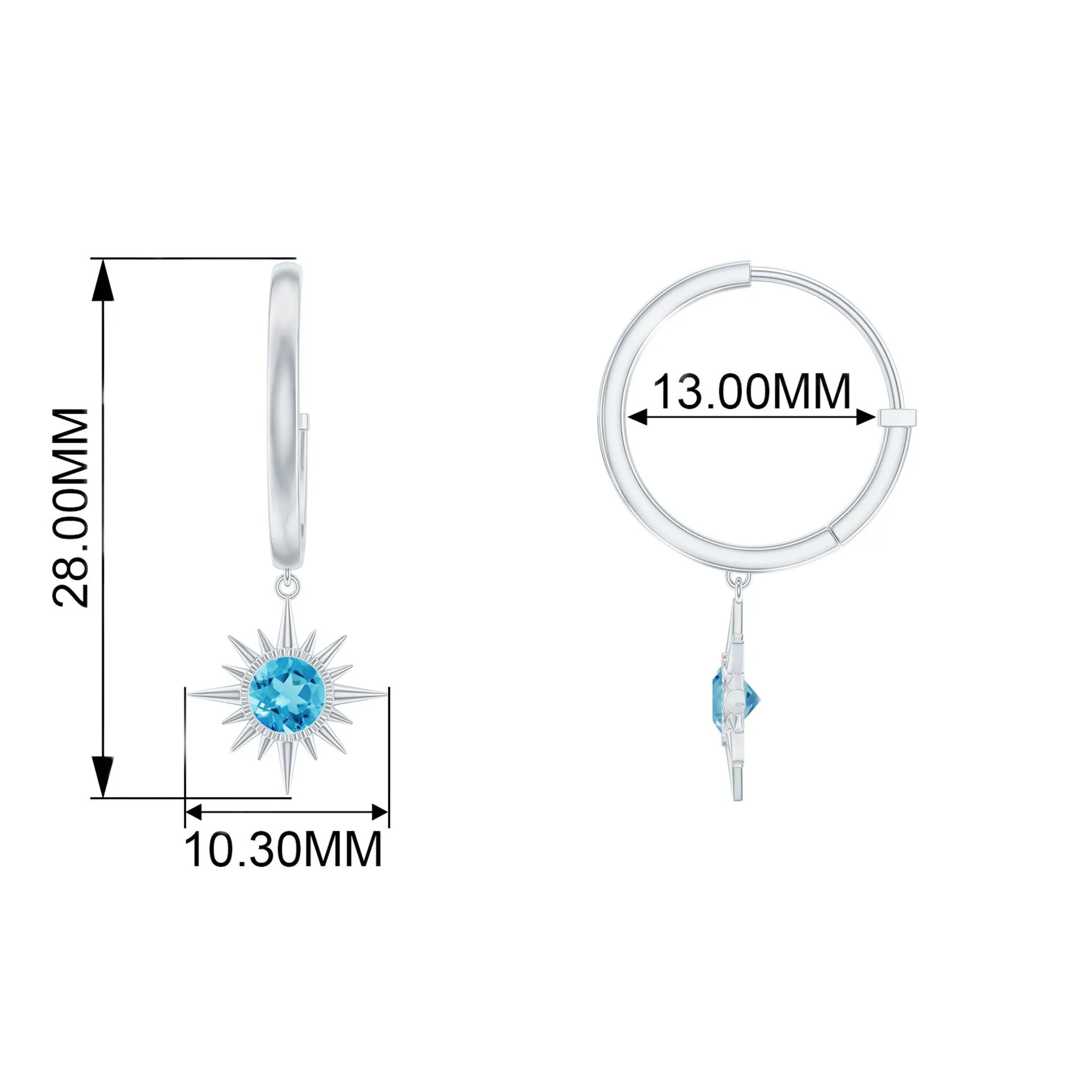 1/2 CT Milgrain Bezel Set Swiss Blue Topaz Sunburst Drop Hoop Earrings