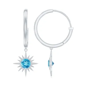 1/2 CT Milgrain Bezel Set Swiss Blue Topaz Sunburst Drop Hoop Earrings