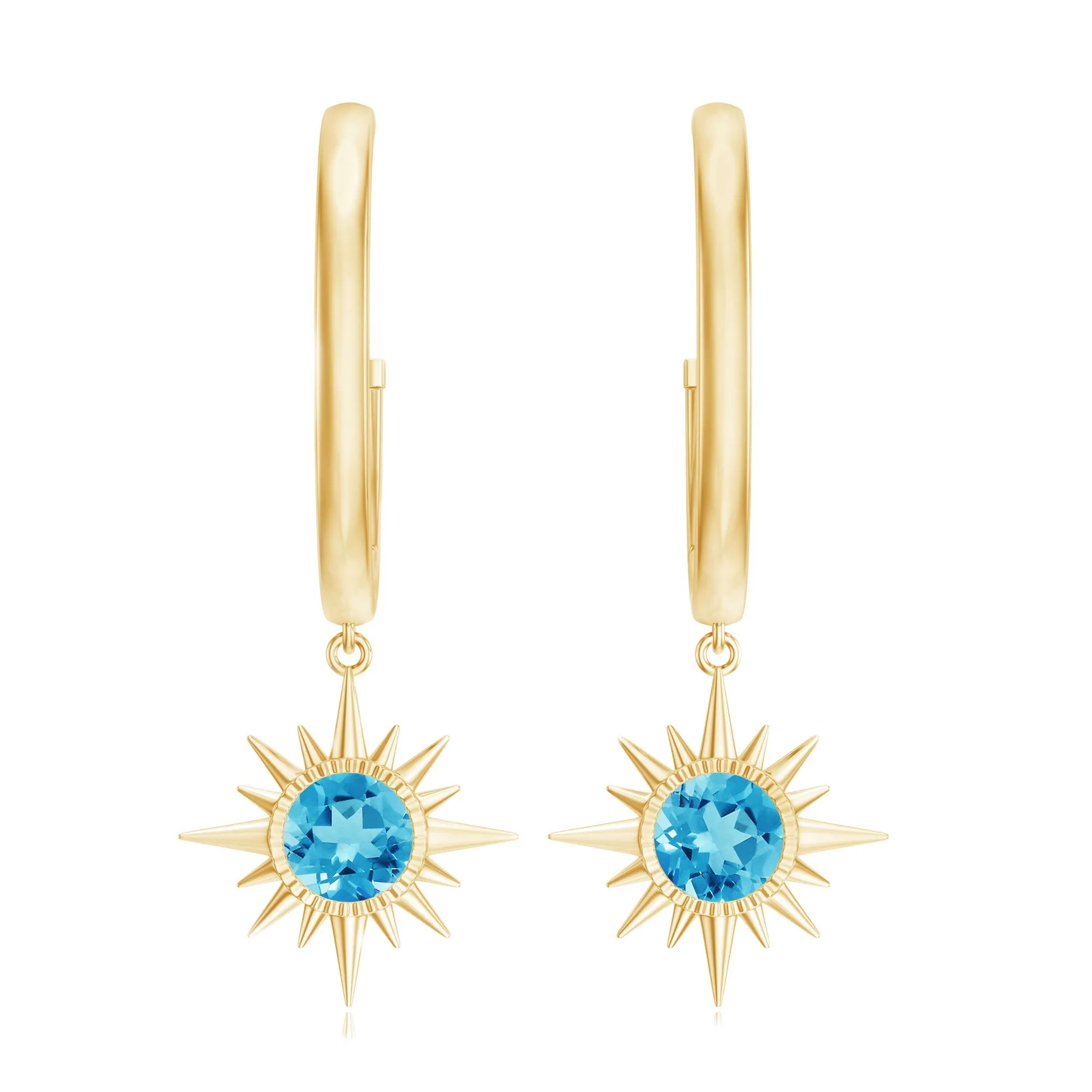 1/2 CT Milgrain Bezel Set Swiss Blue Topaz Sunburst Drop Hoop Earrings