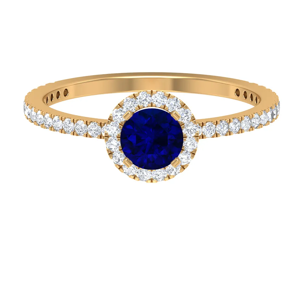 1.25 CT Created Blue Sapphire and Diamond Engagement Ring
