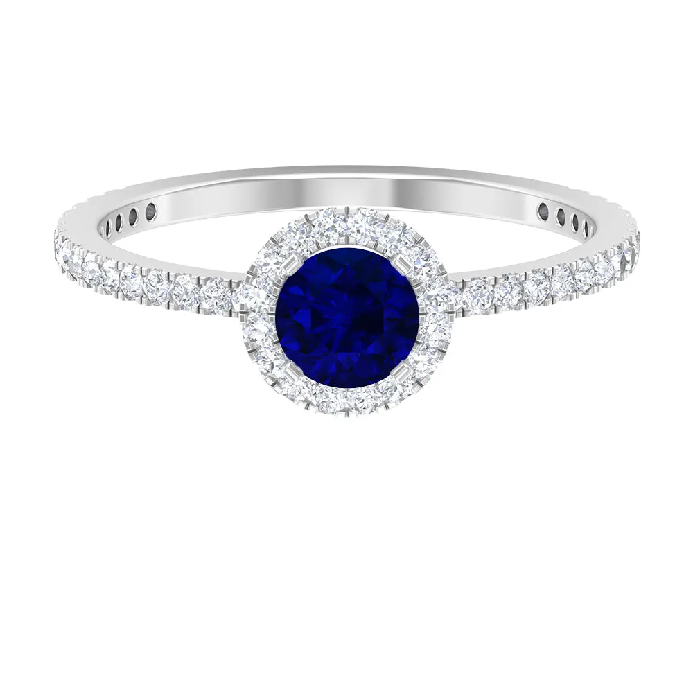 1.25 CT Created Blue Sapphire and Diamond Engagement Ring