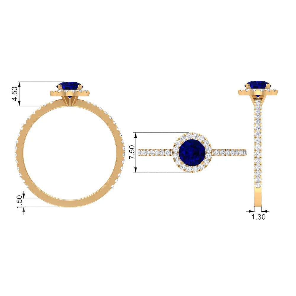 1.25 CT Created Blue Sapphire and Diamond Engagement Ring