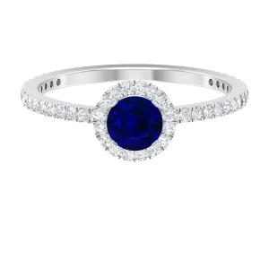 1.25 CT Created Blue Sapphire and Diamond Engagement Ring