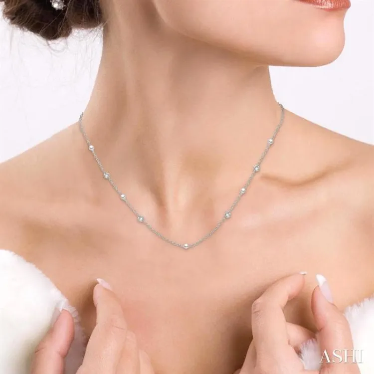 1/4 ctw White 5MM Cultured Pearls and Round Cut Diamond Station Necklace in 14K White Gold