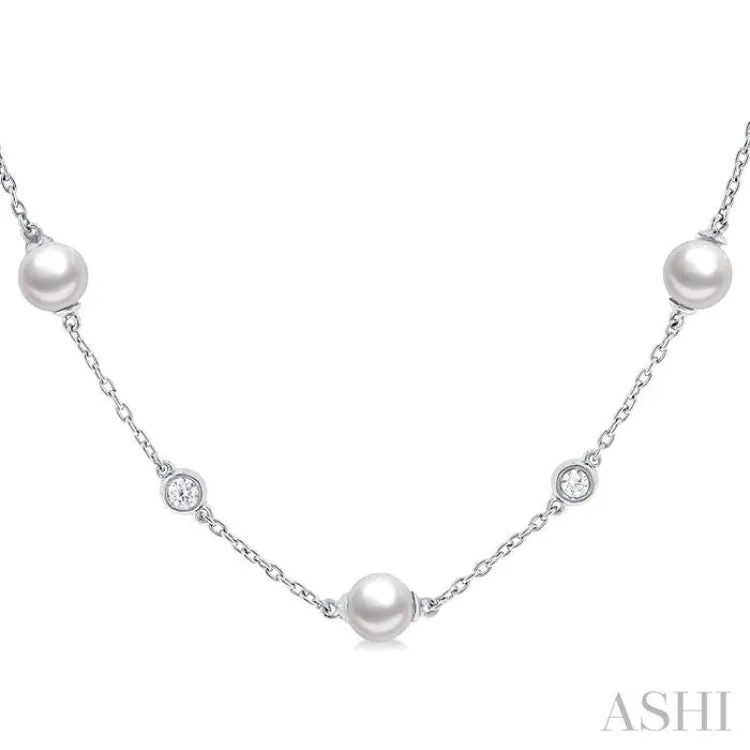 1/4 ctw White 5MM Cultured Pearls and Round Cut Diamond Station Necklace in 14K White Gold