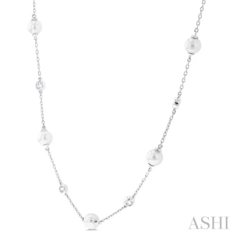1/4 ctw White 5MM Cultured Pearls and Round Cut Diamond Station Necklace in 14K White Gold