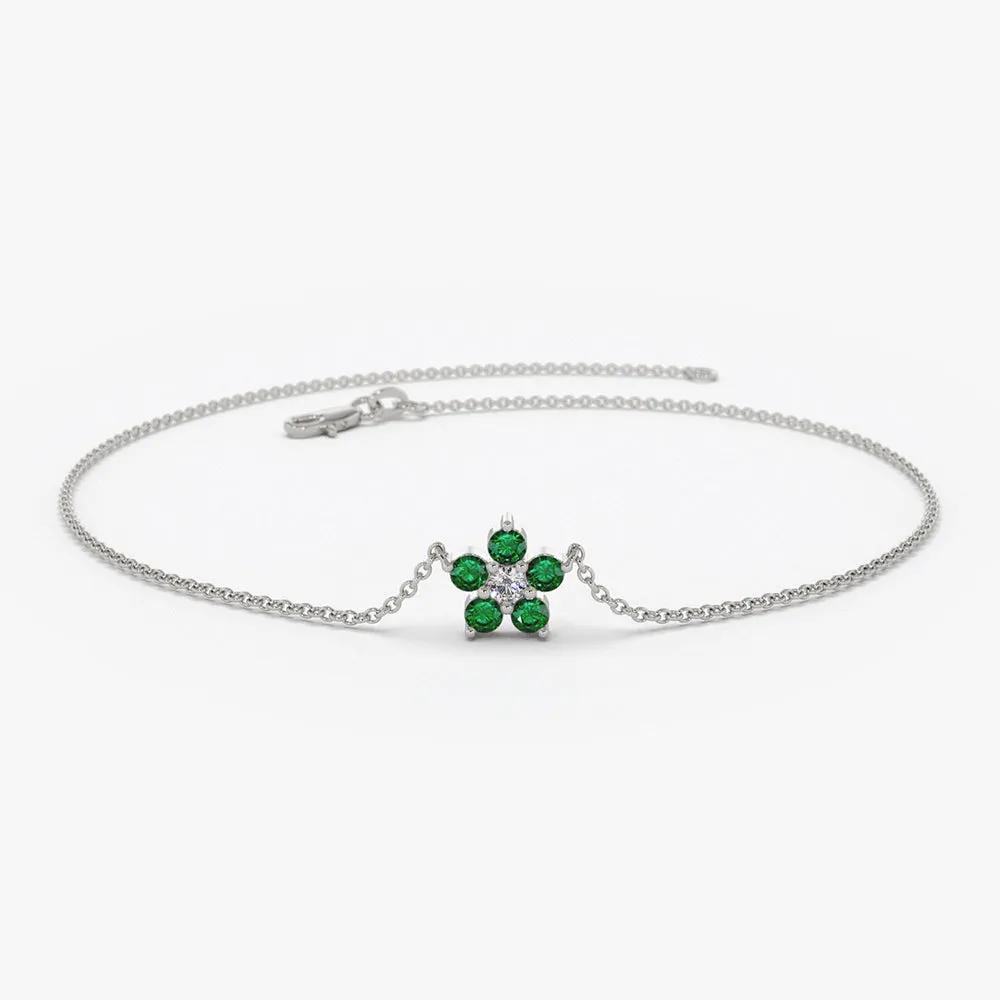 14K Emerald and Diamond Flower Charm Bracelet