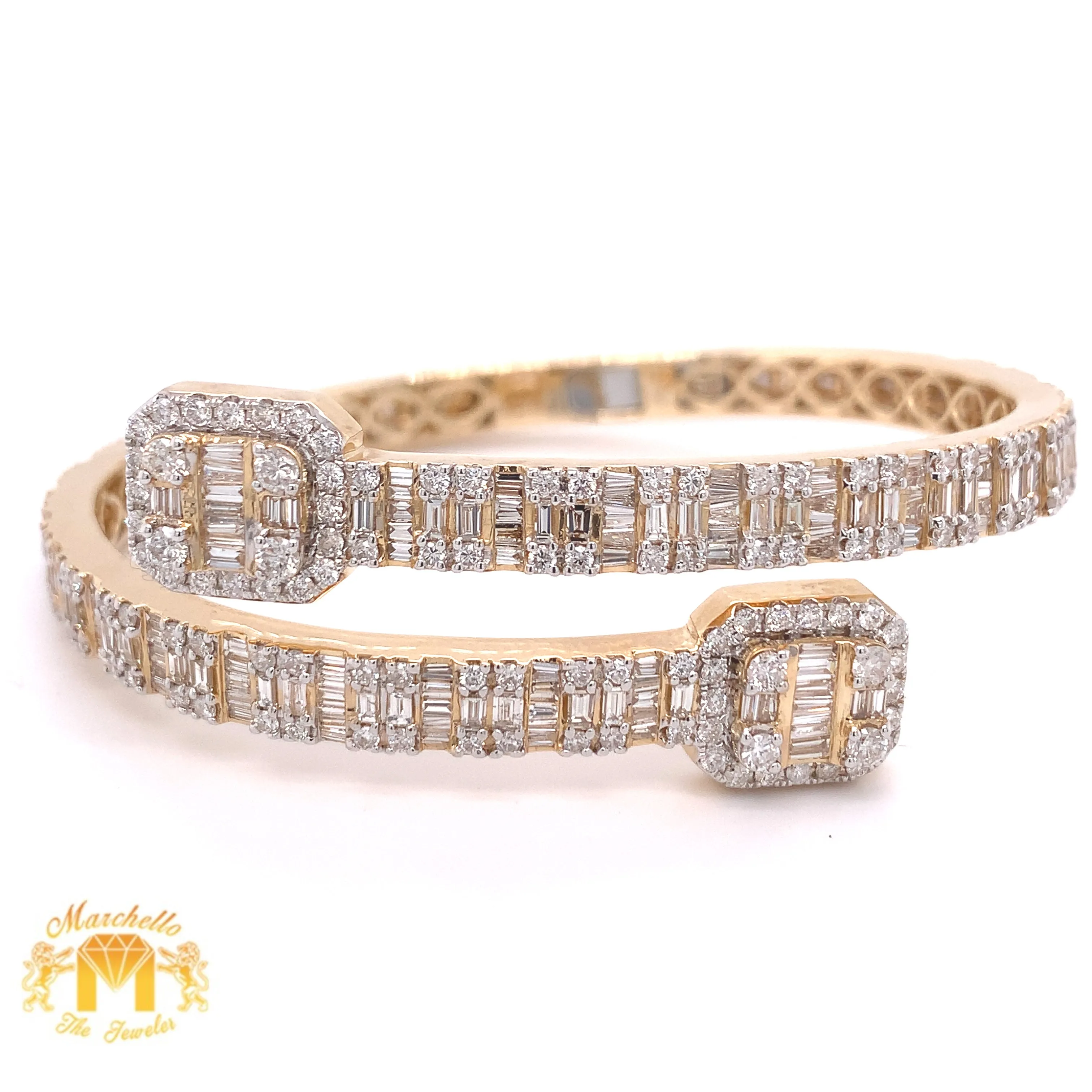 14k Gold 6.2mm Twin Squares Bangle Bracelet with Baguette Diamond
