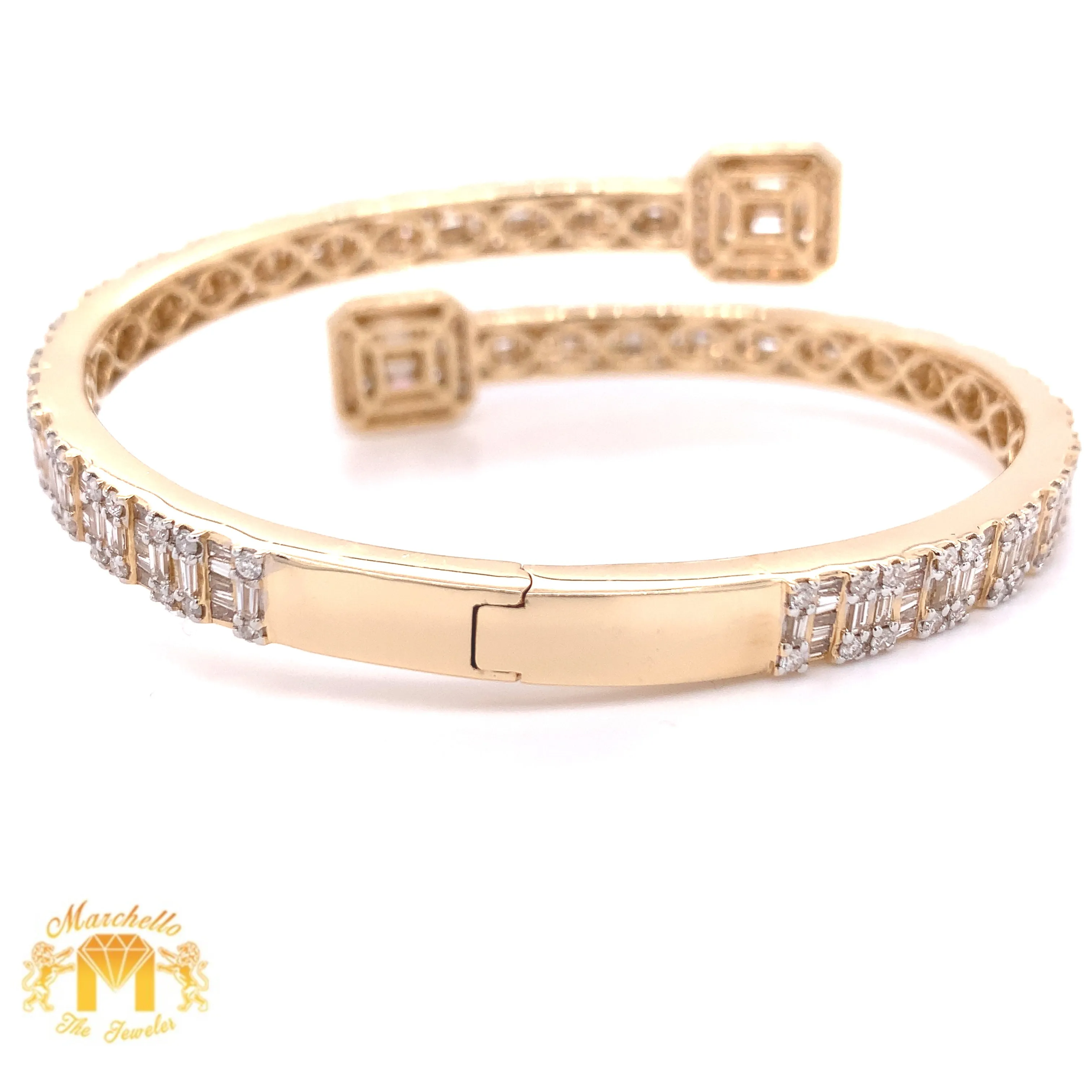 14k Gold 6.2mm Twin Squares Bangle Bracelet with Baguette Diamond