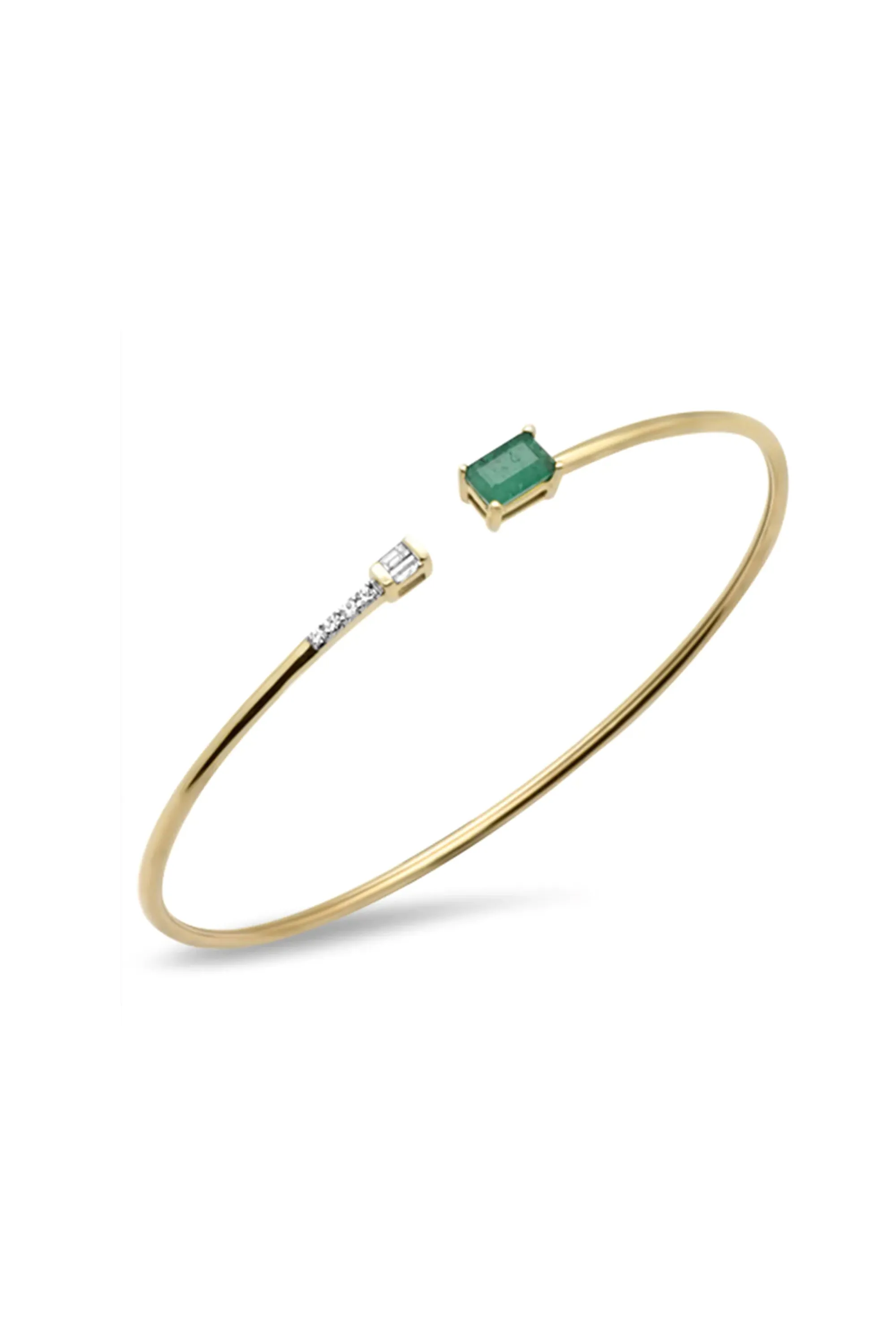 14K Solid Gold Natural Diamond and Emerald Chain 56mm Open Bangle Bracelet