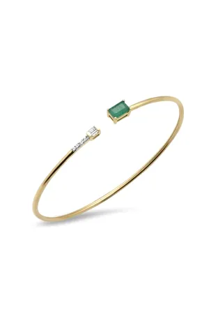 14K Solid Gold Natural Diamond and Emerald Chain 56mm Open Bangle Bracelet
