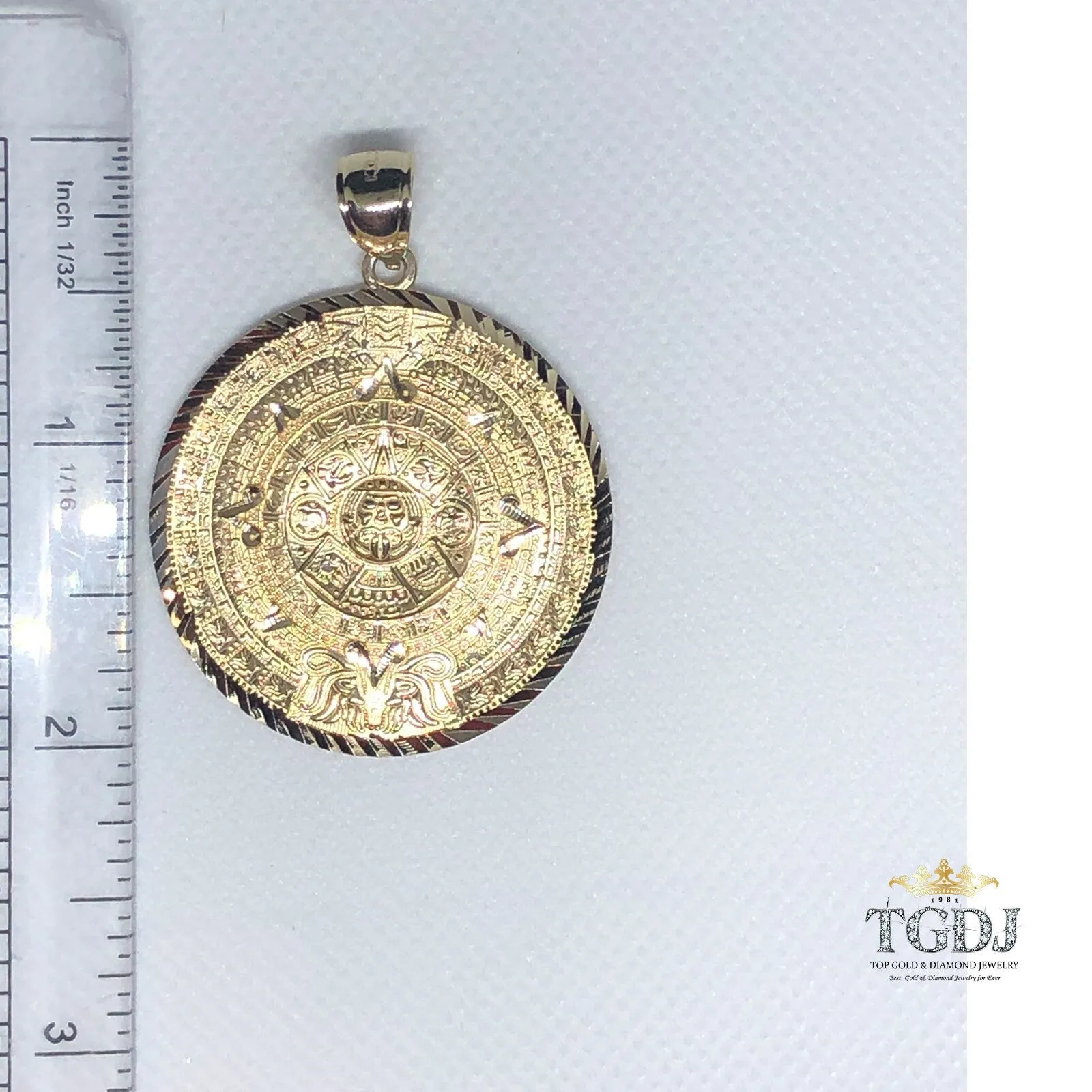 14k Solid Real Yellow Gold Diamond Cut Mexican Aztec Calendar Calendario Sun Mayan Pendant 40 MM/1.5 Inch 8 Grams