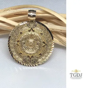 14k Solid Real Yellow Gold Diamond Cut Mexican Aztec Calendar Calendario Sun Mayan Pendant 40 MM/1.5 Inch 8 Grams
