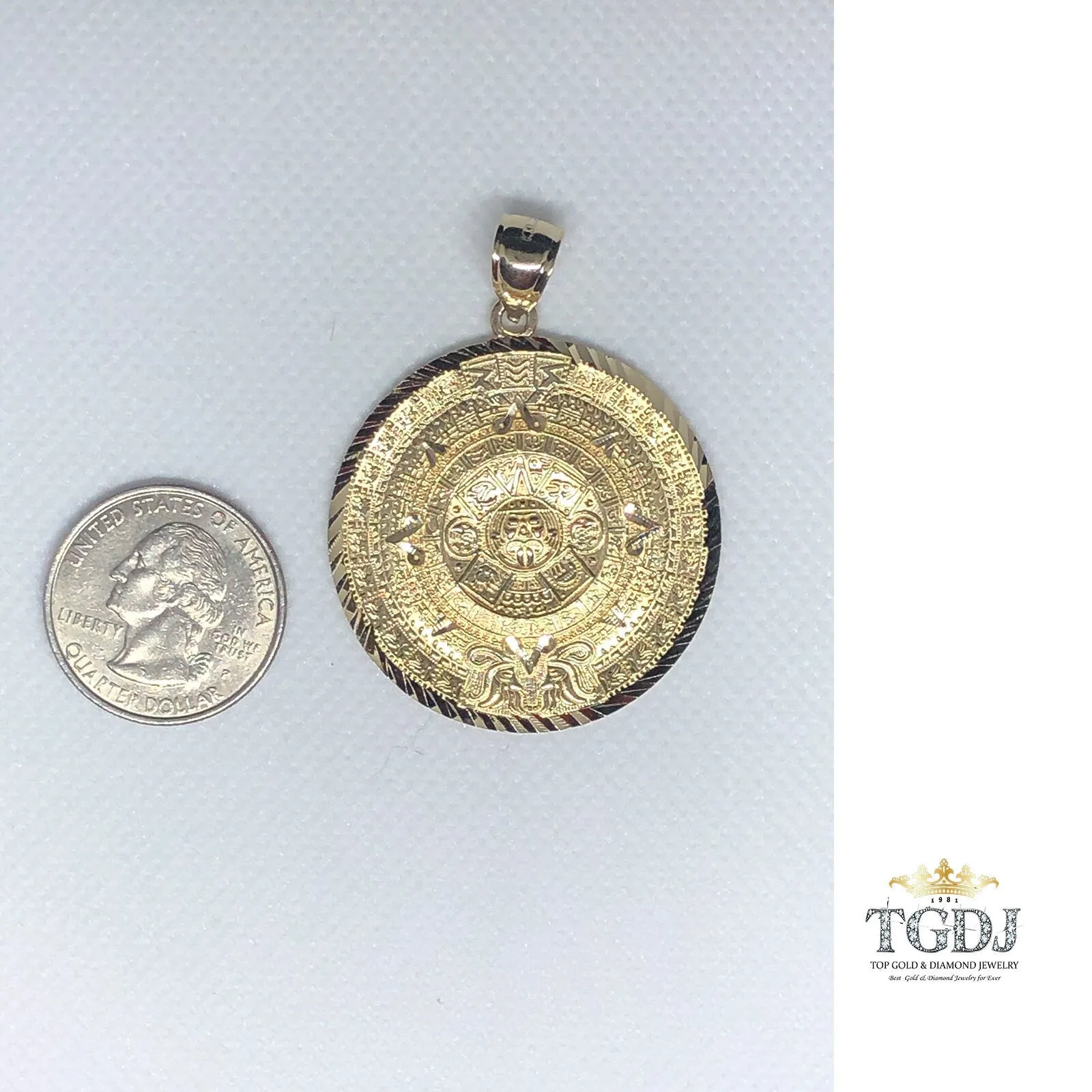 14k Solid Real Yellow Gold Diamond Cut Mexican Aztec Calendar Calendario Sun Mayan Pendant 40 MM/1.5 Inch 8 Grams