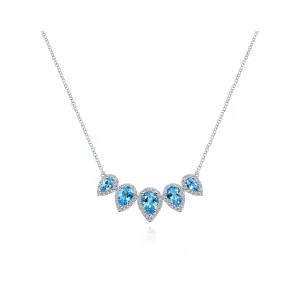 14K White Gold Diamond Halo   Blue Topaz Necklace