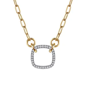 14K White Yellow Gold Open Cushion Shape Diamond Hollow Paperclip Chain Necklace