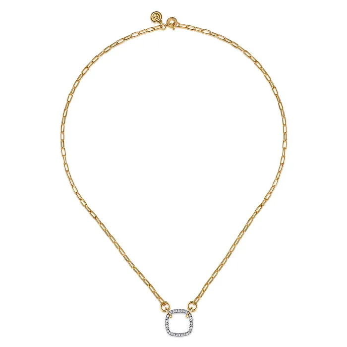 14K White Yellow Gold Open Cushion Shape Diamond Hollow Paperclip Chain Necklace