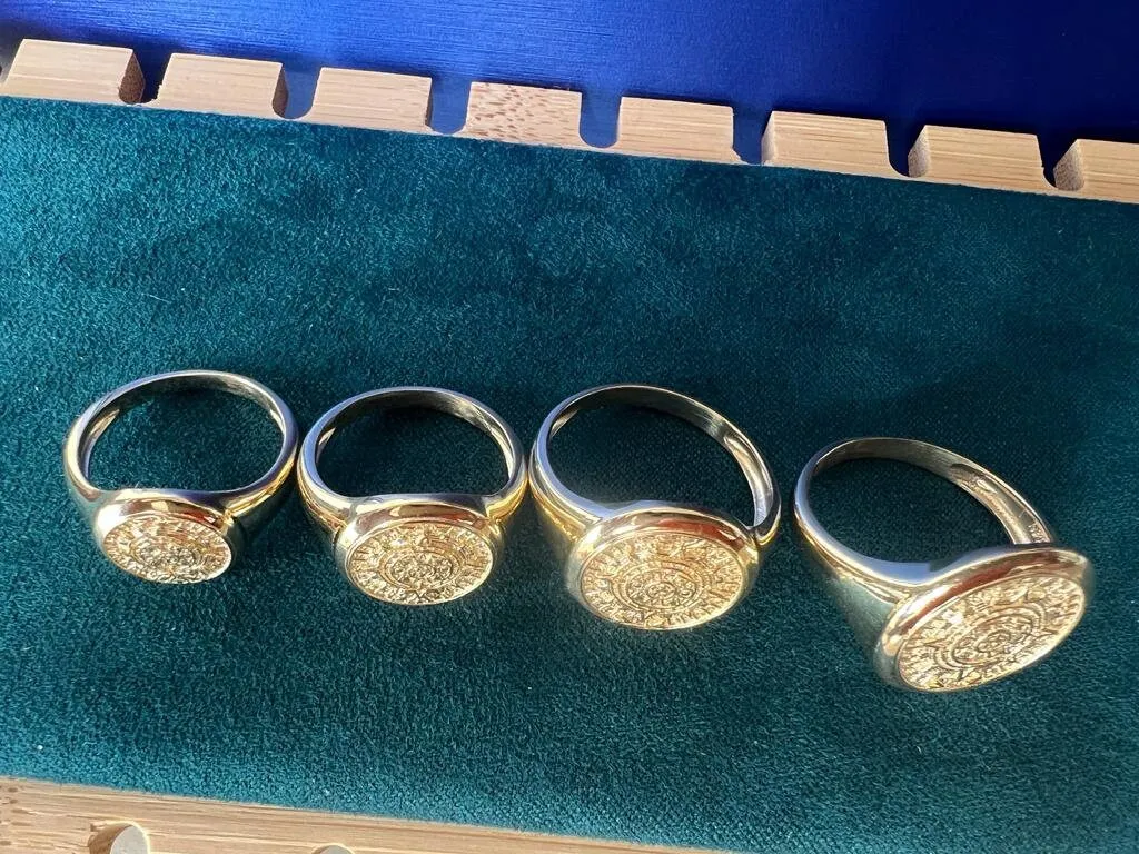 14k Yellow Gold Aztec Calendar Ring in 4 Different Sizes for Men and Women | Aztec Mayan Sun Sign Symbol Round Circle Band Ring for Men