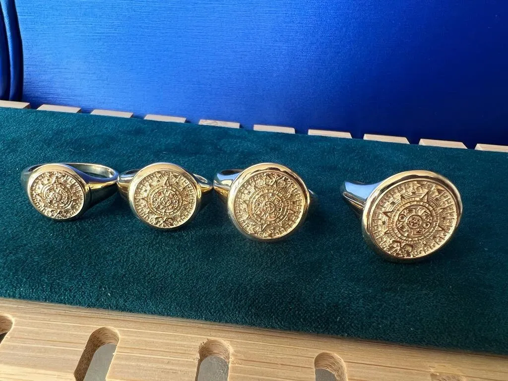 14k Yellow Gold Aztec Calendar Ring in 4 Different Sizes for Men and Women | Aztec Mayan Sun Sign Symbol Round Circle Band Ring for Men