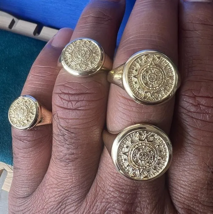 14k Yellow Gold Aztec Calendar Ring in 4 Different Sizes for Men and Women | Aztec Mayan Sun Sign Symbol Round Circle Band Ring for Men