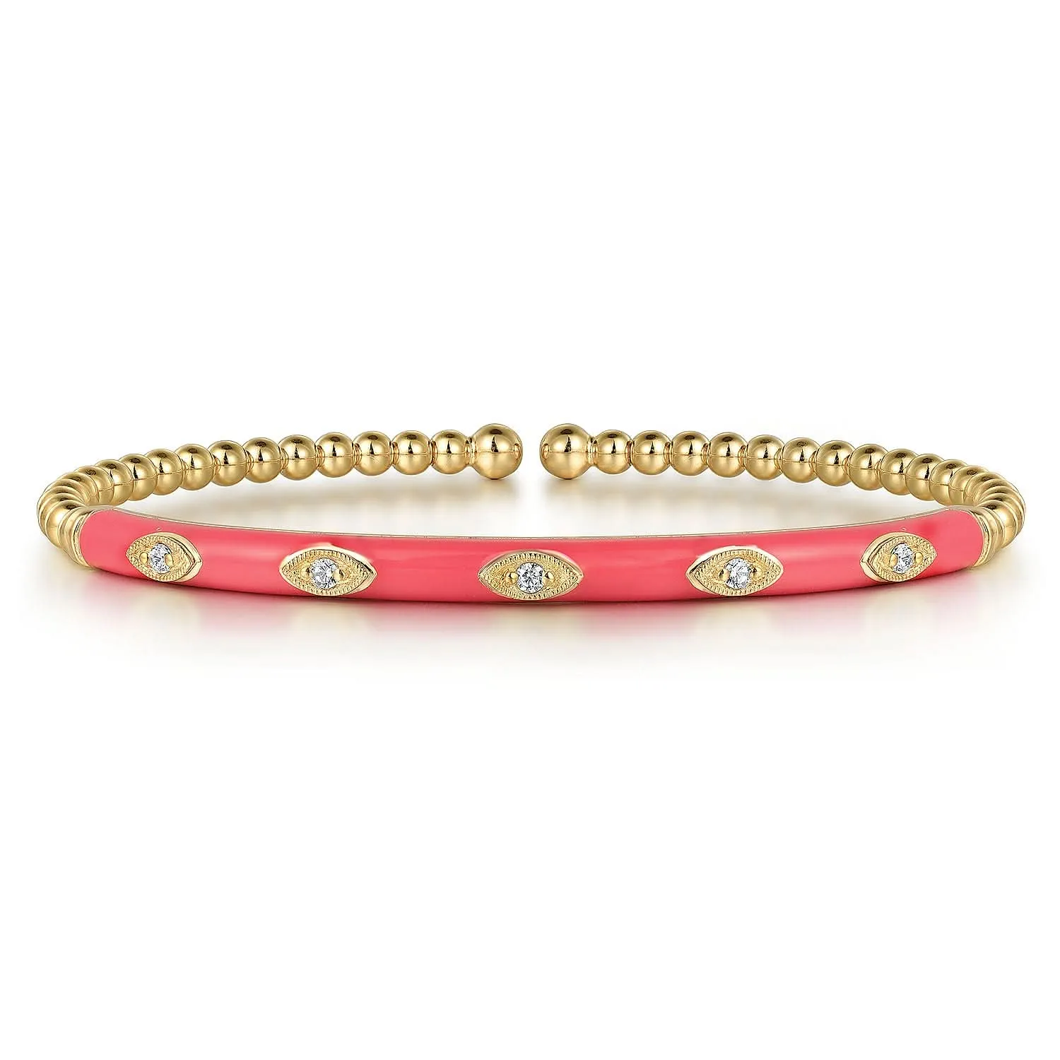 14K Yellow Pink Enamel and Natural Diamond Cuff Bracelet