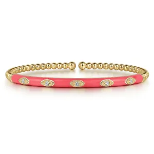 14K Yellow Pink Enamel and Natural Diamond Cuff Bracelet