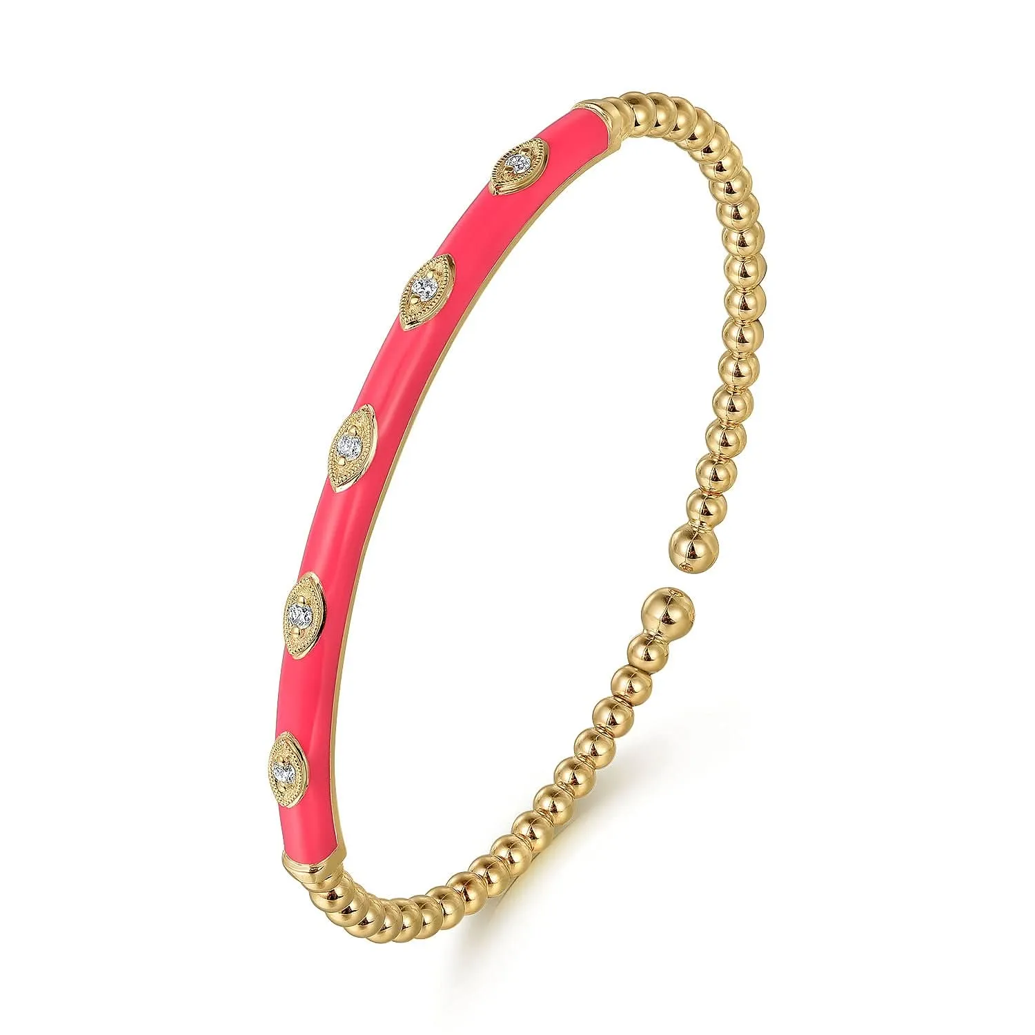 14K Yellow Pink Enamel and Natural Diamond Cuff Bracelet