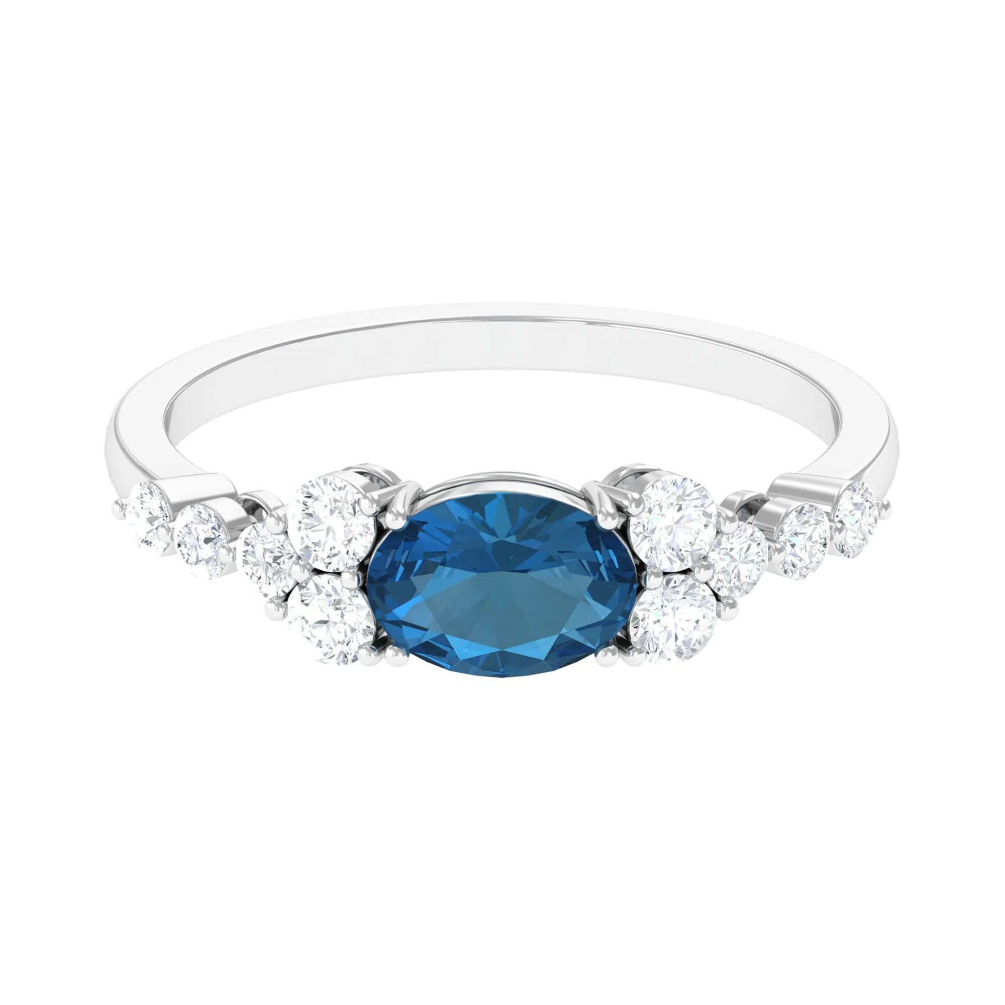 1.50 CT Oval London Blue Topaz East West Ring with Diamond