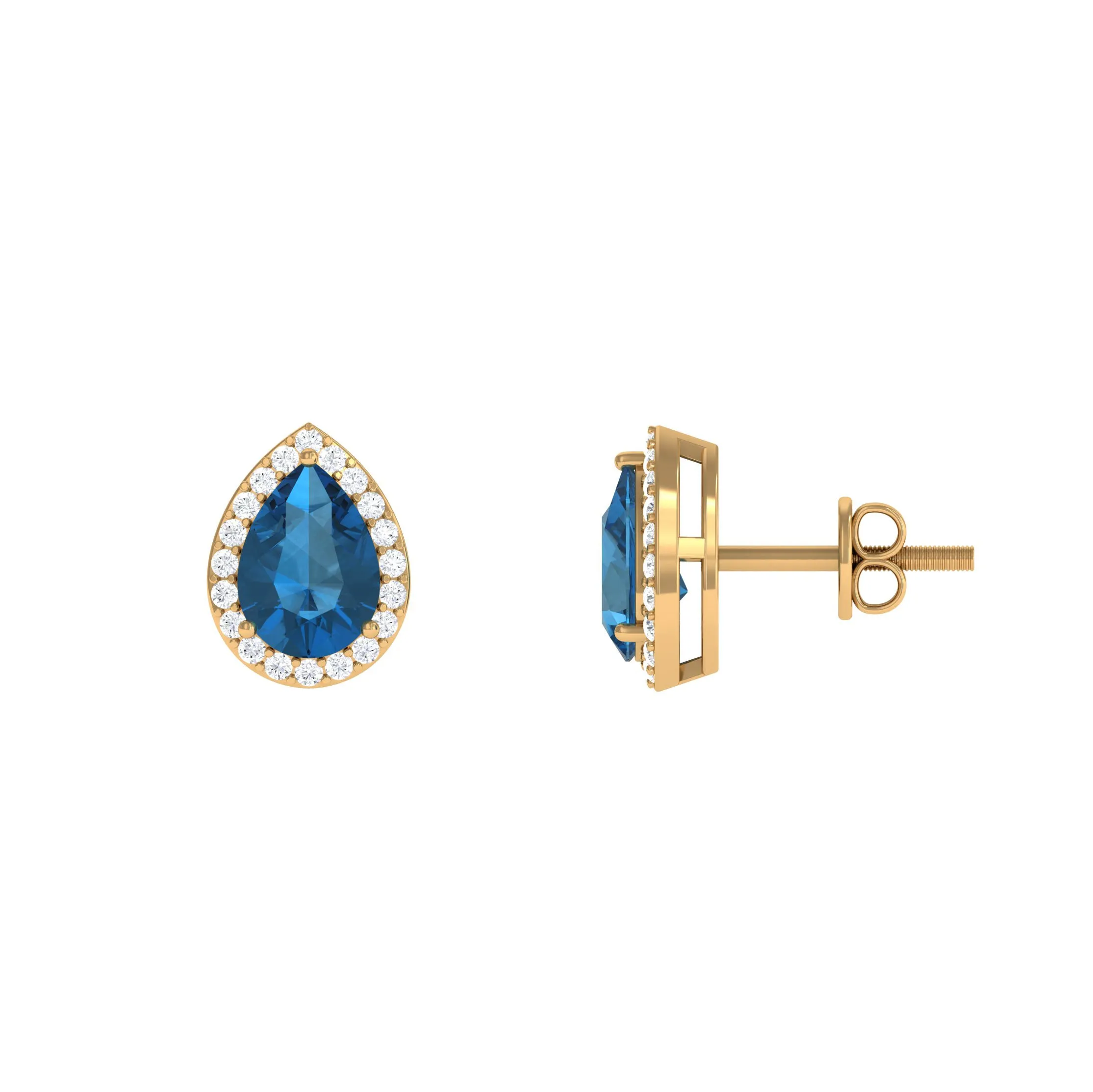 1.75 CT Classic Pear Cut London Blue Topaz and Diamond Stud Earrings
