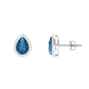 1.75 CT Classic Pear Cut London Blue Topaz and Diamond Stud Earrings