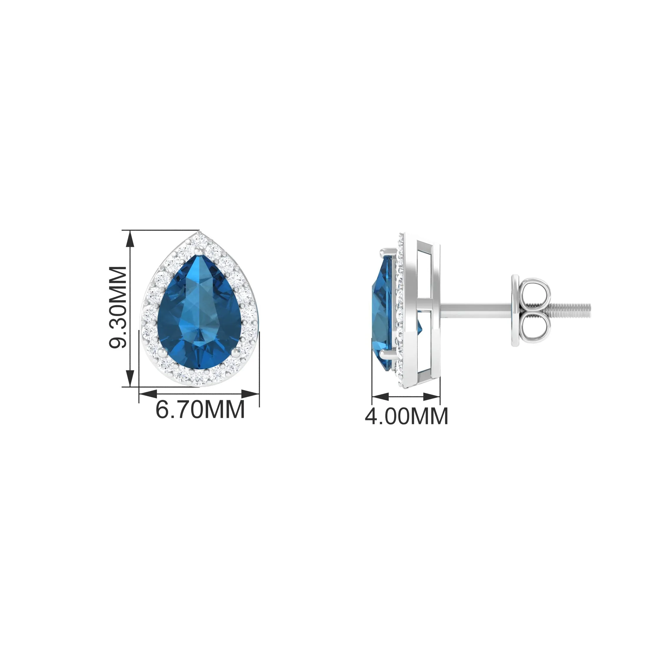 1.75 CT Classic Pear Cut London Blue Topaz and Diamond Stud Earrings