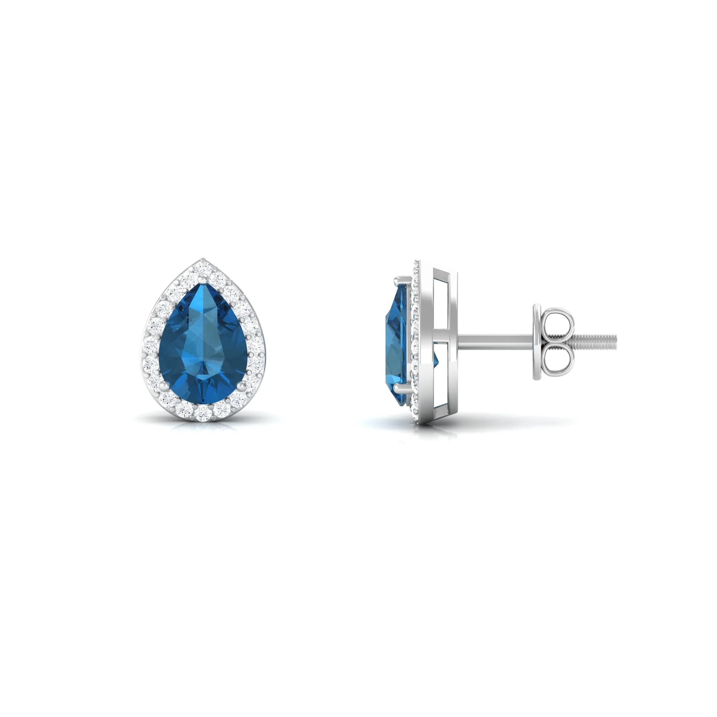 1.75 CT Classic Pear Cut London Blue Topaz and Diamond Stud Earrings