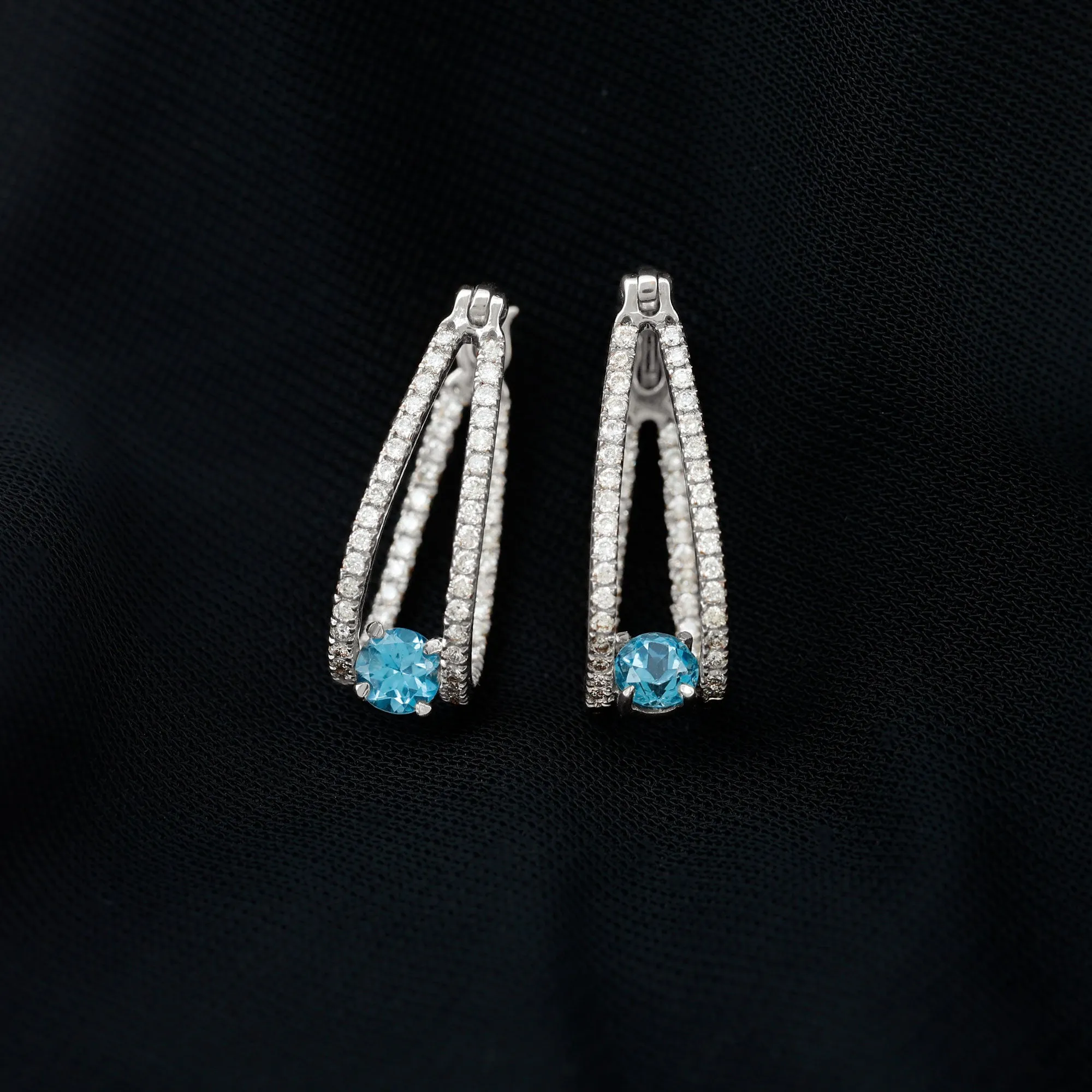 1.75 CT Swiss Blue Topaz and Diamond Statement J Hoop Earrings