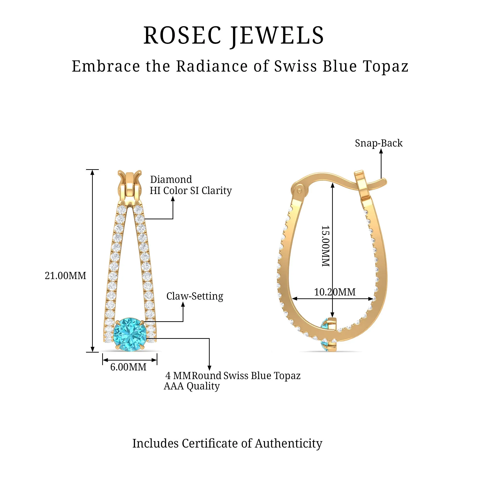 1.75 CT Swiss Blue Topaz and Diamond Statement J Hoop Earrings
