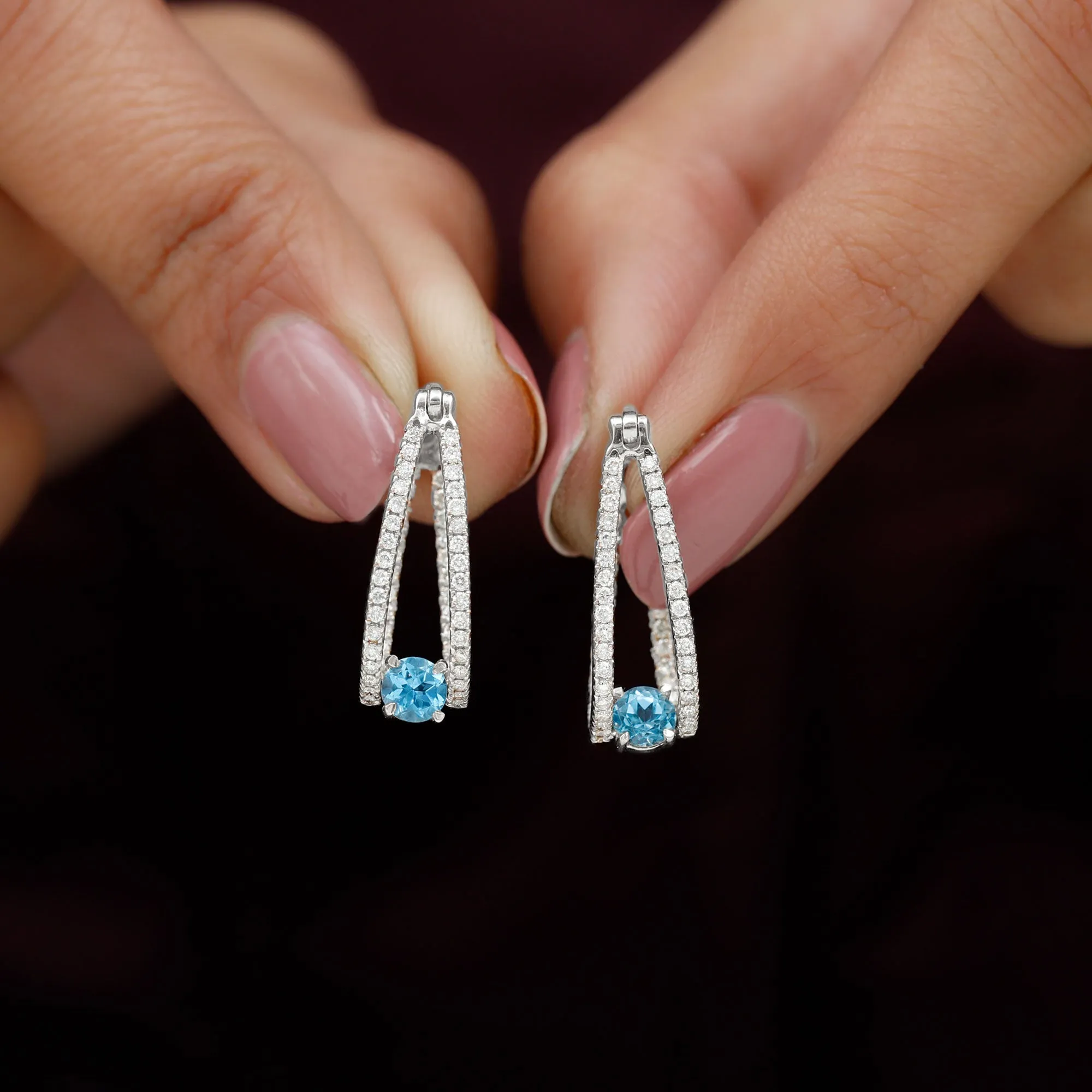 1.75 CT Swiss Blue Topaz and Diamond Statement J Hoop Earrings