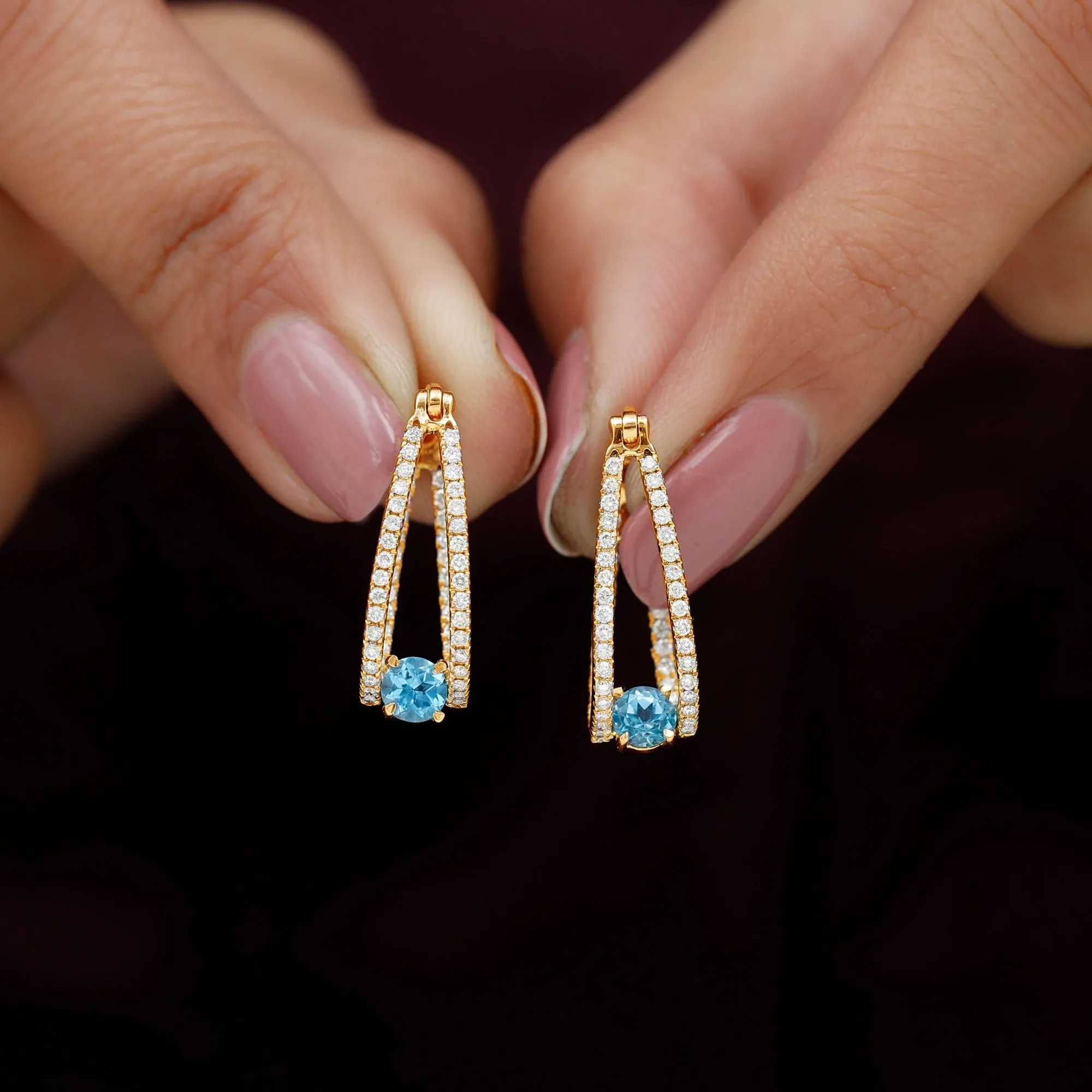 1.75 CT Swiss Blue Topaz and Diamond Statement J Hoop Earrings