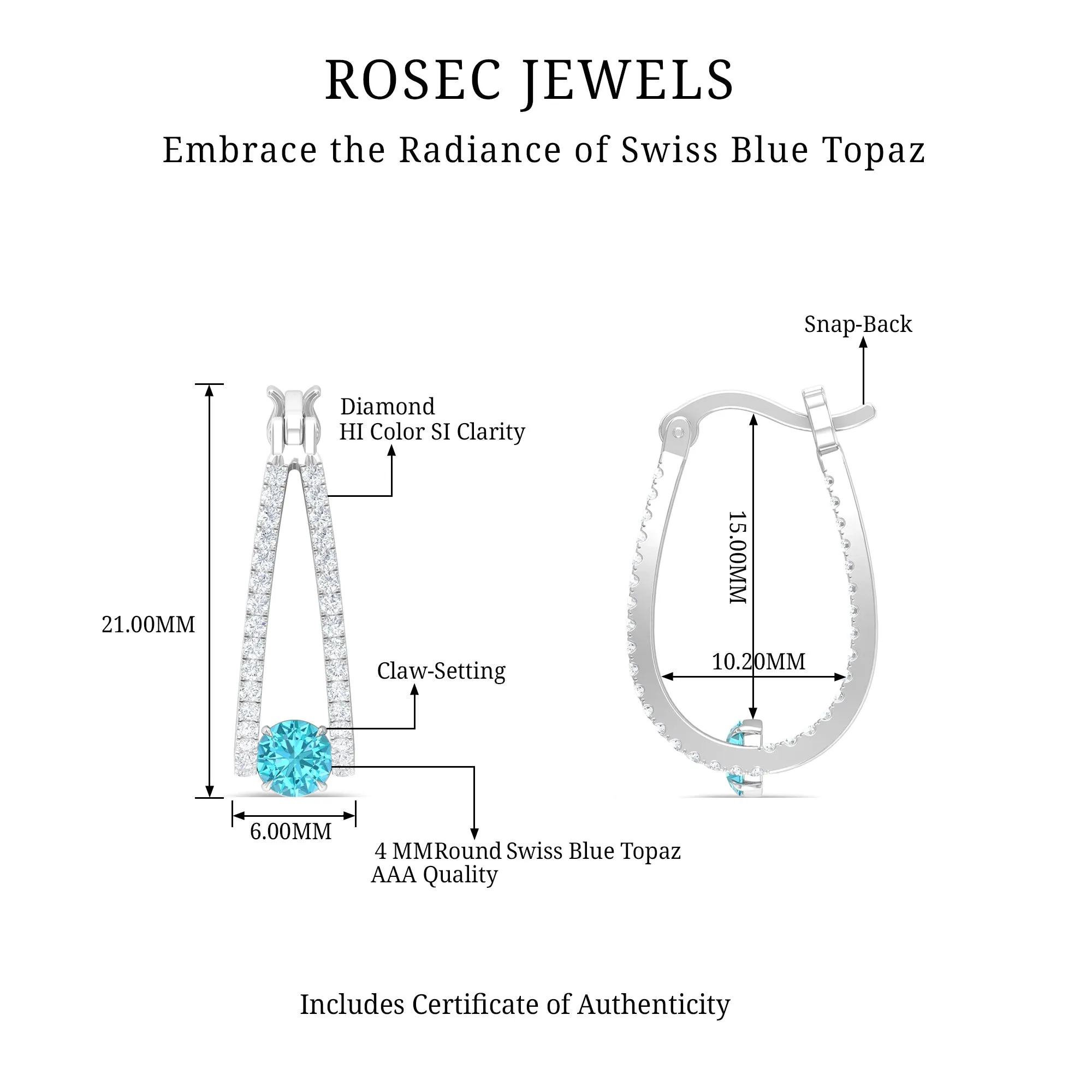 1.75 CT Swiss Blue Topaz and Diamond Statement J Hoop Earrings