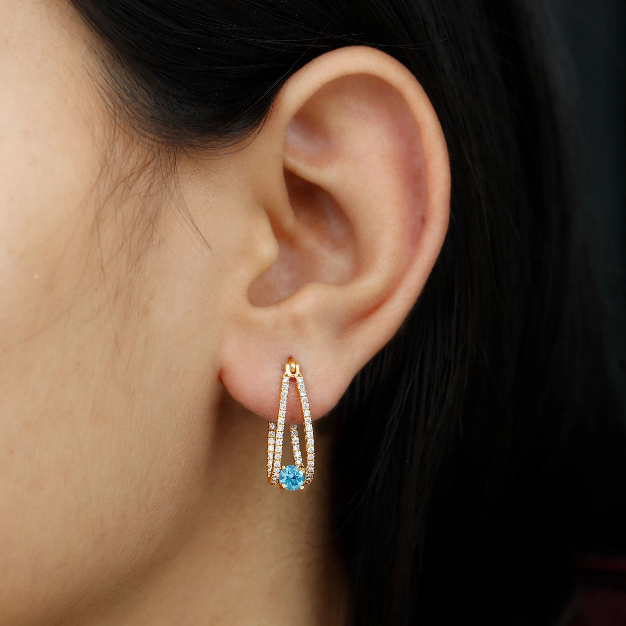 1.75 CT Swiss Blue Topaz and Diamond Statement J Hoop Earrings