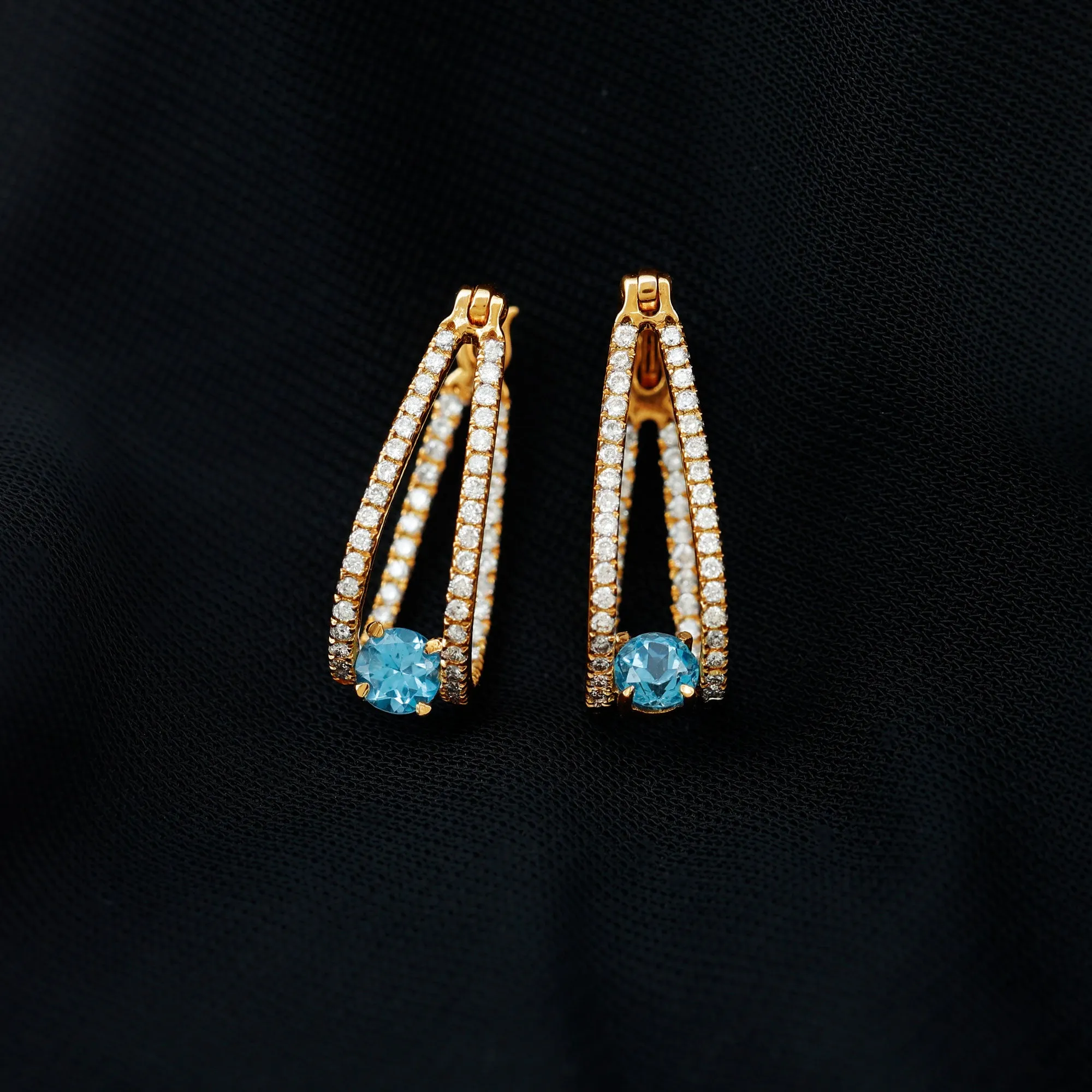 1.75 CT Swiss Blue Topaz and Diamond Statement J Hoop Earrings
