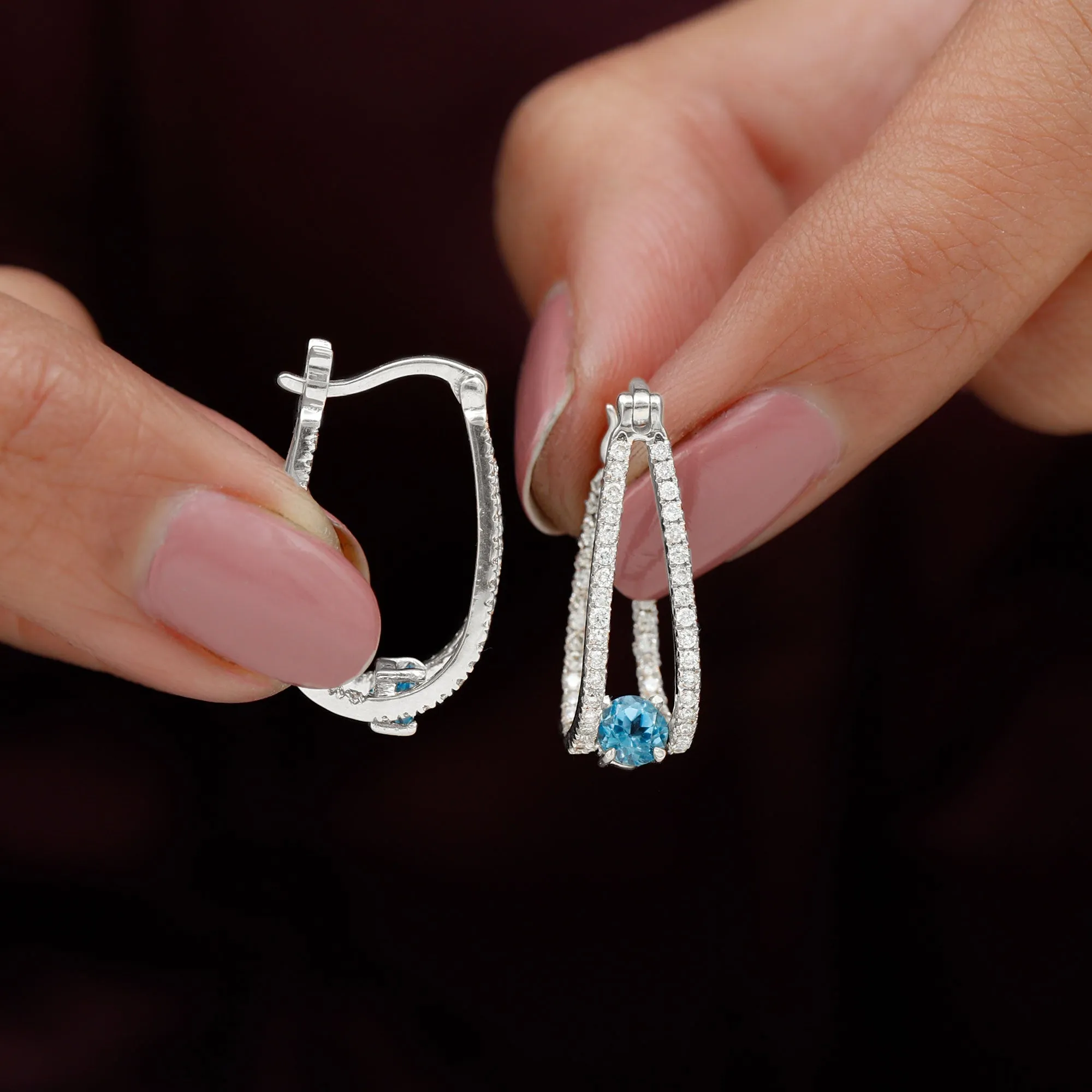 1.75 CT Swiss Blue Topaz and Diamond Statement J Hoop Earrings