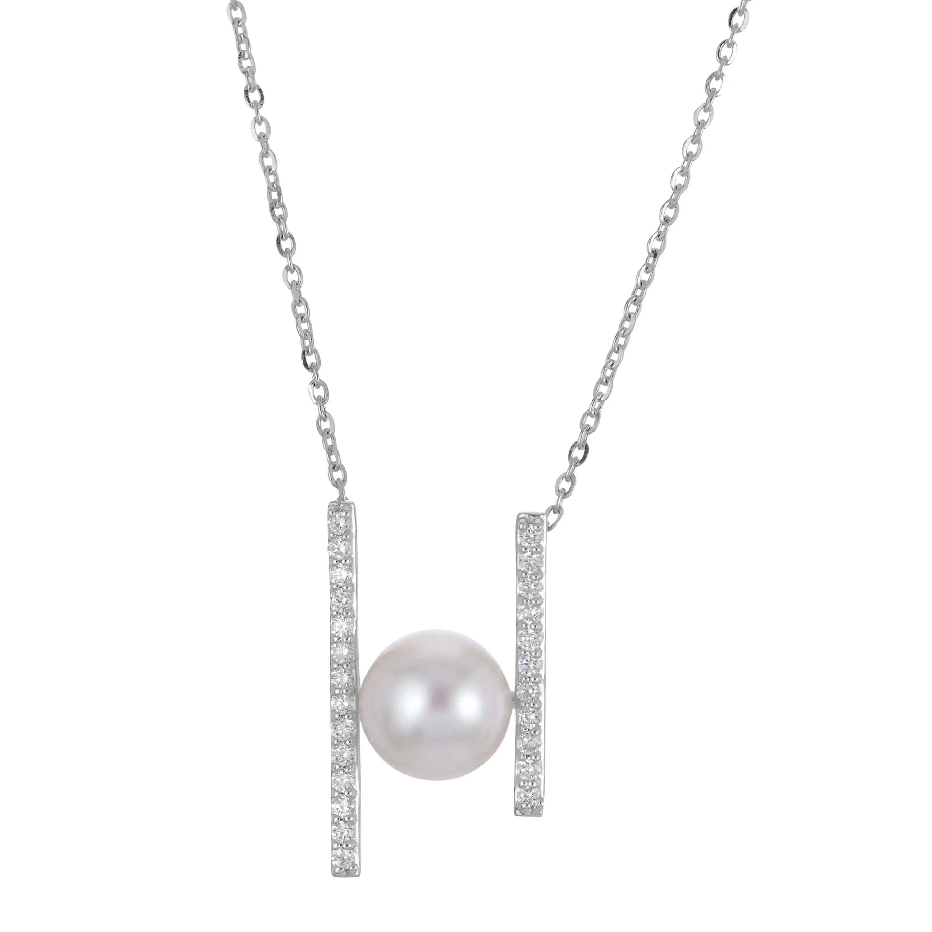 18 inch Cultured Akoya Pearl and Natural Diamond Necklace with 14K White Clasp