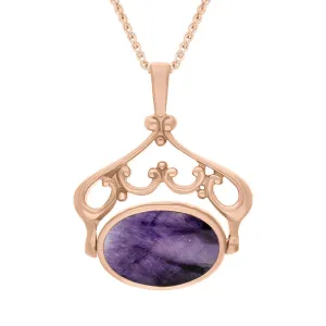 18ct Rose Gold Blue John Mother Of Pearl Double Sided Oval Swivel Fob Necklace