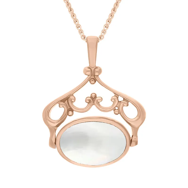 18ct Rose Gold Blue John Mother Of Pearl Double Sided Oval Swivel Fob Necklace